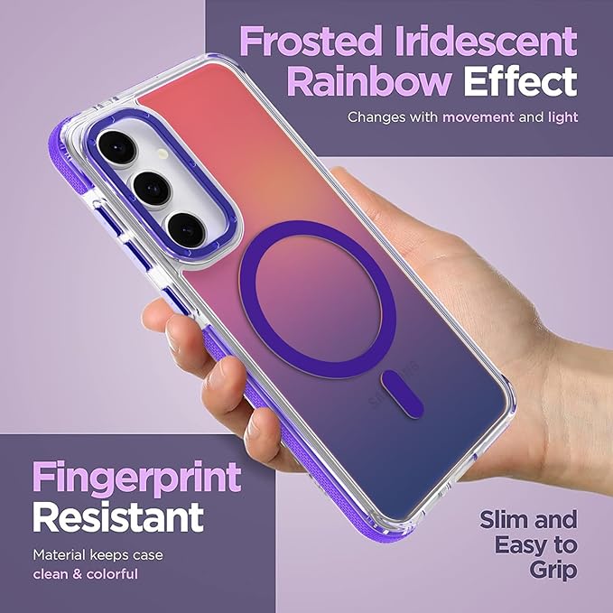 MOWIME Magnetic Case for Samsung Galaxy S24 FE [Compatible with Magsafe] [Cute Fashion Fluorescent Design] [1 Screen Protector] Slim Translucent Matte Case for Galaxy S24 FE 6.7", Purple