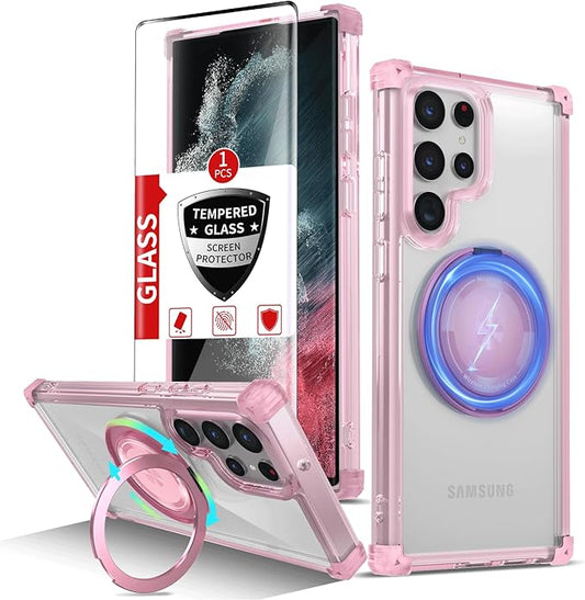 for Samsung Galaxy S22 Ultra Case Compatible Wireless Charging Magnetic,with Screen Protector,for S22Ultra Phone Case with 360°Stand Ring Military Grade Shockproof Heavy Duty Protection Pink