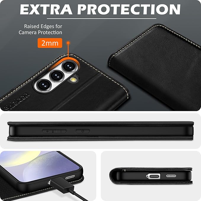 SHIELDON Case for Galaxy S25 6.2" 2025, Genuine Leather Folio Wallet Case RFID Blocking Card Holder Folio Magnetic Stand Shockproof Protective Cover Compatible with Galaxy S25 - Retro Black