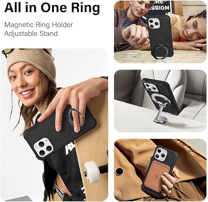 Designed for iPhone 16 Pro Case with Magnetic Stand [Military Drop Protection][Compatible with Magnet] Shockproof 16 Pro Phone Case with Ring Holder, Black