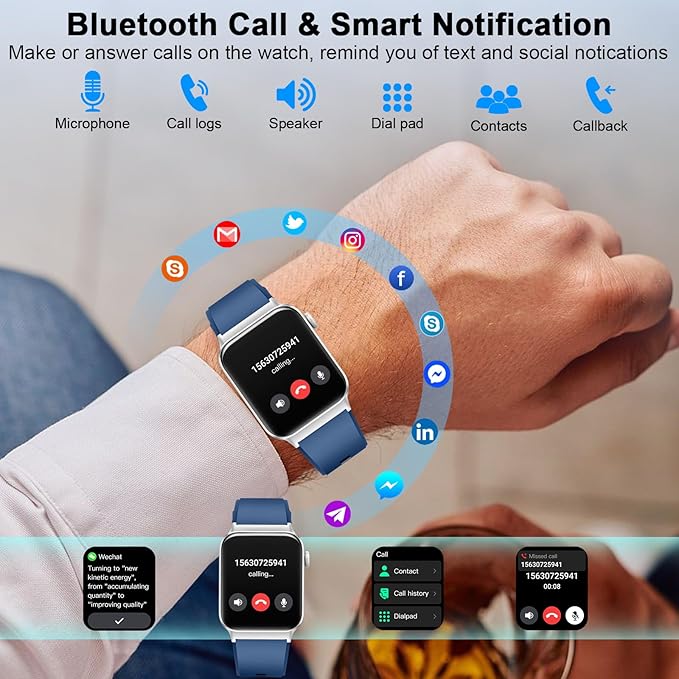 Smart Watch for Men Women (Answer/Make Calls), 1.85" HD Fitness Smartwatch 2025, 113+ Sports Modes, Heart Rate/Sleep/Spo2 Monitor, IP68 Waterproof Step Counter, Activity Tracker for Android iOS, Blue