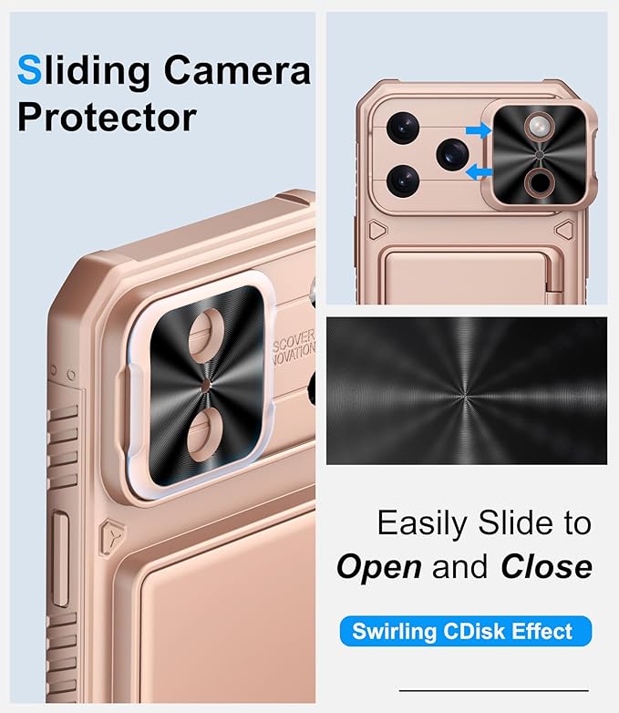 for iPhone 17 Pro Phone Case Wallet, Card Holder (4-5 Cards), Slide Camera Cover, Military Grade Protection, Rugged Hard Women Girly Men Protective Case for iPhone17 Pro 6.3", Rose Gold