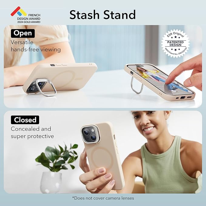 ESR for iPhone 15 Case, MagSafe Silicone Case with Stand, Military-Grade Protection, Built-in Camera Stash Stand, Magnetic Phone Case for iPhone 15, Cloud Series, Light Tan