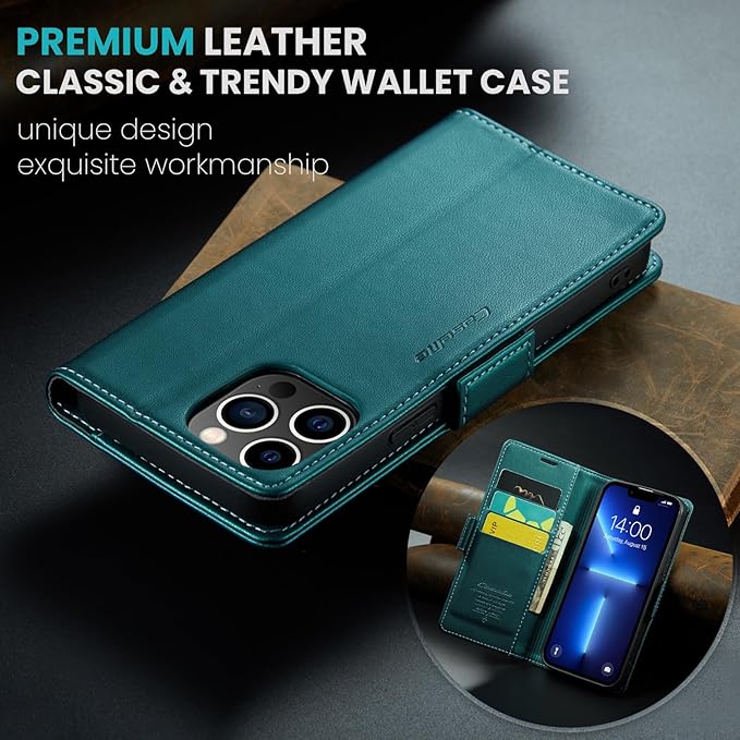 for iPhone 13 Pro Max Case, Premium PU Leather Wallet Case Flip Cover with [RFID Blocking][Card Holder][Stand Function] Shockproof Protective for iPhone 13 Pro Max, Blue-Green