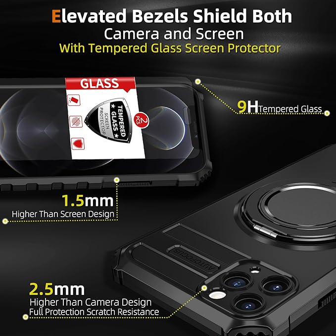 for iPhone 12 Pro Case Compatible with MagSafe Magnetic,with 2 Screen Protectors,Built-in 360° Kickstand Ring,Military Grade Drop Shockproof Heavy Duty Protection for 12 Pro Phone Case Black