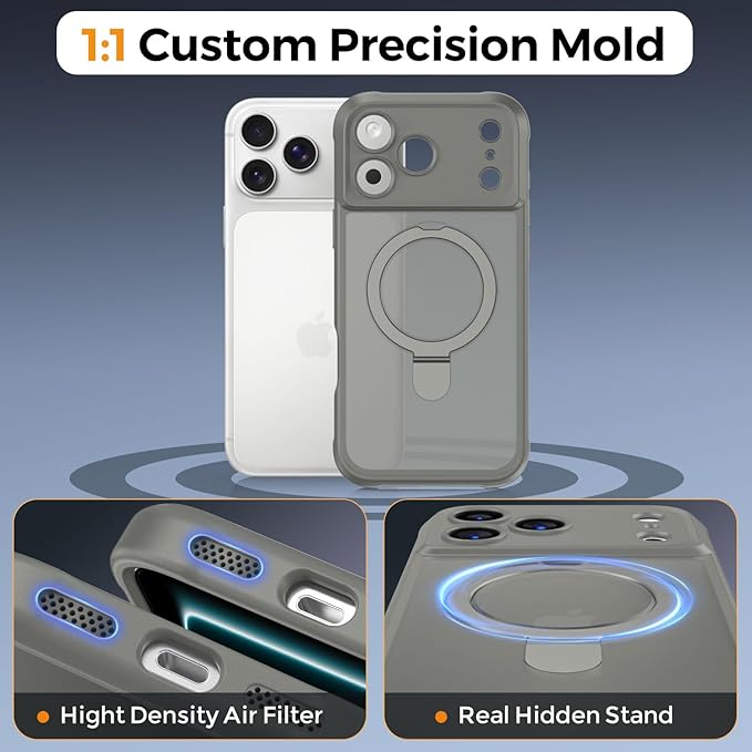 MOCCA Compatible with iPhone 17 Pro Max Case with Magnetic Invisible Stand [Full Camera Protection] [Compatible with Magsafe] Military Drop Shockproof Translucent Matte Phone Case Cover,Titanium Gray