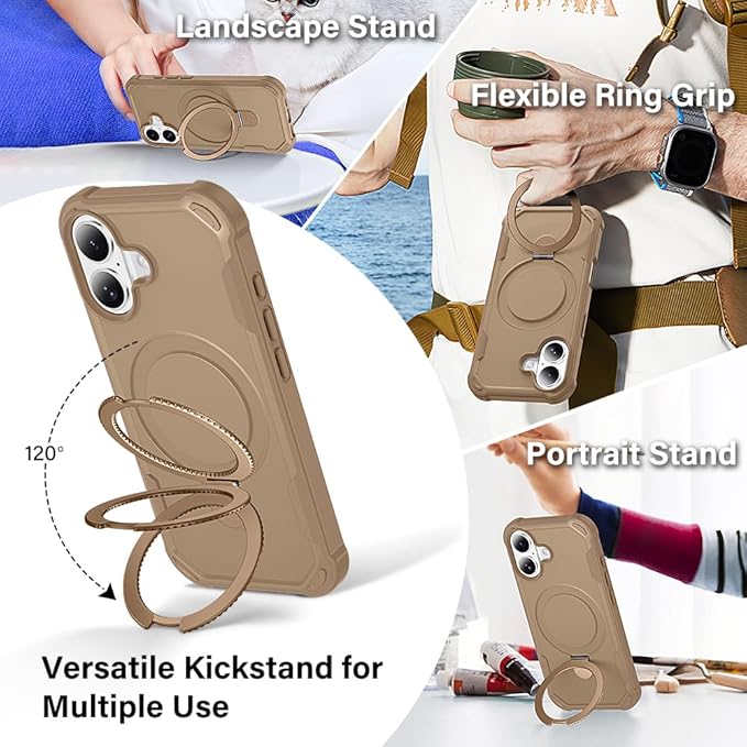 Designed for iPhone 17 Case with Magnetic Stand [Military Drop Protection][Compatible with Magnet] Shockproof 17 Phone Case with Ring Holder, Khaki