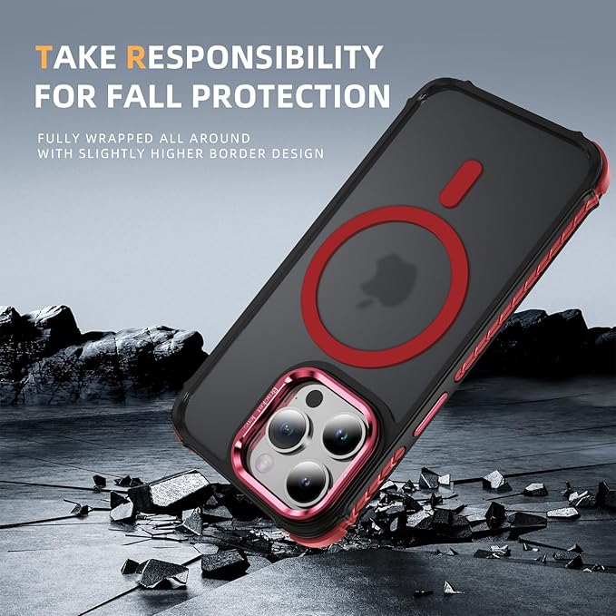 Magnetic for iPhone 15 Pro Max Case Red with MagSafe Wireless Charging Heavy Duty Military-Grade Shockproof Protection Adjustable Kickstand Slim Matte Anti-Fingerprint Cover Men Women
