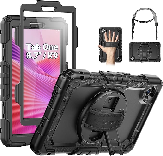 SEYMAC Case for Lenovo Tab One 8.7 inch/ K9 TB305FU (2025), Heavy Duty Full-Body Shockproof Protective Case with Screen Protector, Stand, Hand/Shoulder Strap and Pen Holder, Black