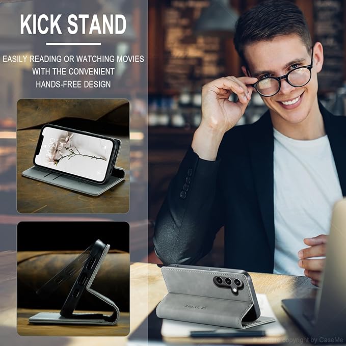 QLTYPRI Case for Samsung Galaxy S24, Vintage PU Leather Wallet Case Card Slot Kickstand Magnetic Closure Shockproof Flip Folio Case Cover for Samsung Galaxy S24 - Grey