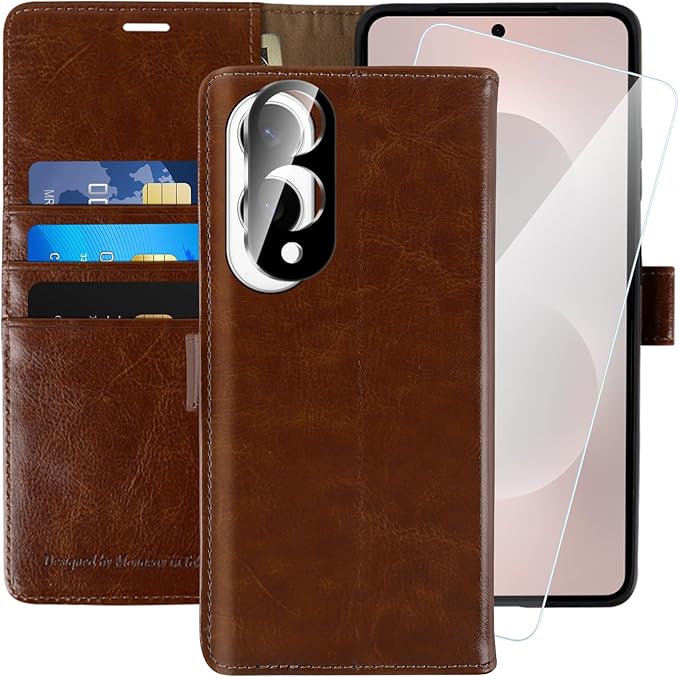 MONASAY Wallet Case Fit for Samsung Galaxy S25 Edge 5G，[Lens & Glass Screen Protector] [RFID Blocking] Flip Folio Leather Cell Phone Cover with Credit Card Holder, 6.7 inch, Brown