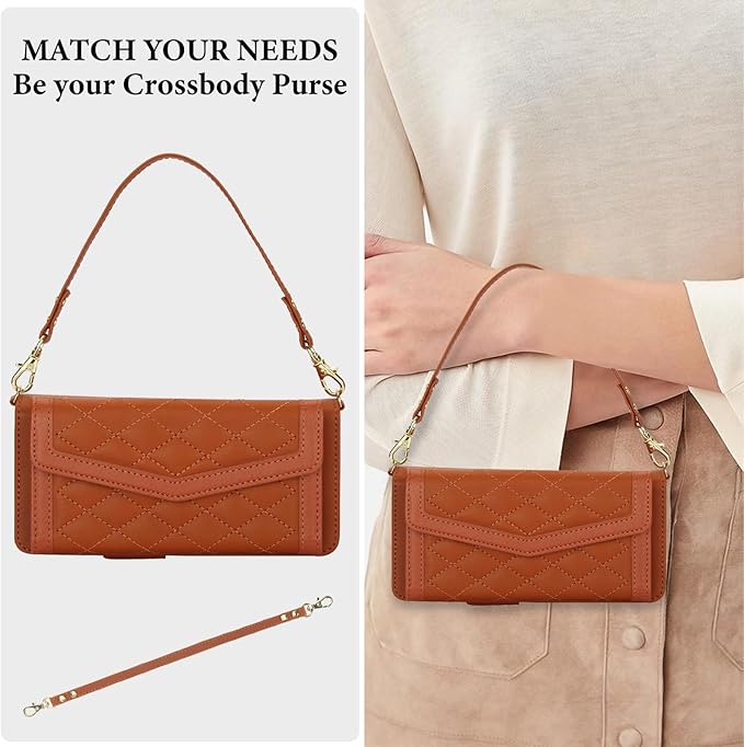 for Samsung Galaxy Z Fold 7 Wallet Case - Stitching Pattern RFID Blocking Card Holder, S Pen Slot Crossbody Strap, Full Body Protection Flip Cover for Women Brown