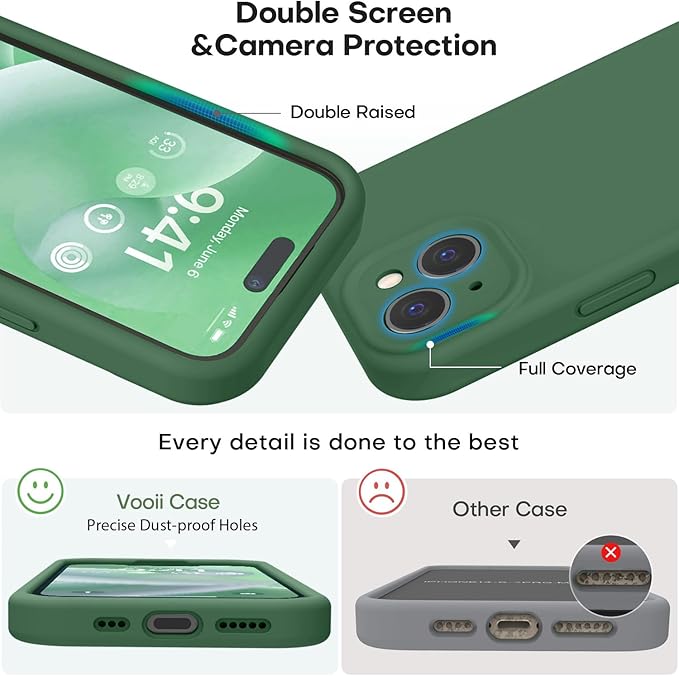 Vooii Compatible with iPhone 15 Case, Upgrade Defender Liquid Silicone, [Enhanced Camera Protection] [Soft Anti-Scratch Microfiber Lining] Shockproof Phone Case for iPhone 15 6.1 inch - Green