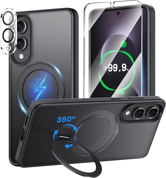 360° Rotatable Stand for Samsung Galaxy S25 Edge Case Magnetic with Screen Protector X1 & Camera Lens Protector*1, Compatible with MagSafe, 16FT Mil-Grade Shockproof for S25 Edge Case 6.2", Black