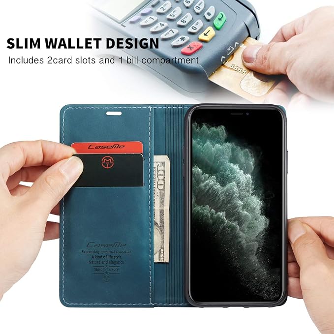 for iPhone 11 Pro 5.8-Inch Case, Flip Wallet Leather Case with Card Holder Magnetic Closure Shockproof Kickstand Protective Phone Cases Cover for iPhone 11 Pro, Blue-Green