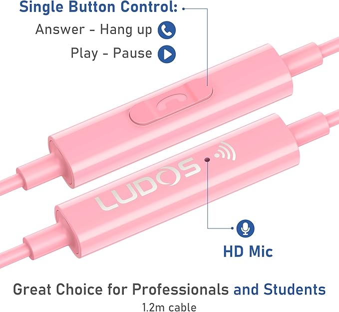 LUDOS OMNITONE USB C Headphones for iPhone 17 16 15 Pro Max Plus Air iPad Pro, 5 Years Warranty, USB-C Earbuds for Samsung Galaxy S24 S23 Ultra S22 S21 FE S20 Z Flip 3, USB Type C Earphones - Pink