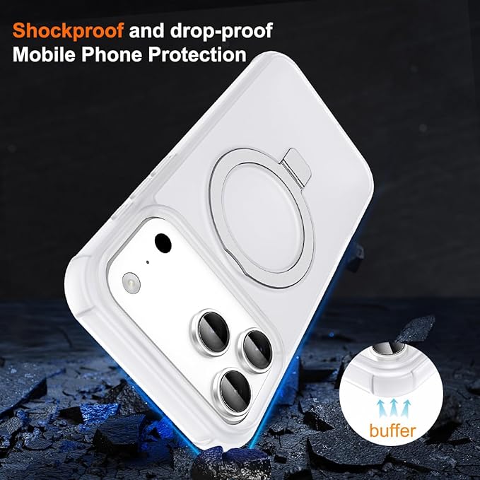 Magnetic Compatible with iPhone 17 Pro Case with Stand [Military Grade Drop Tested][Compatible with Magnet] Ring Translucent Slim Hard Back Soft Edge, Frost White