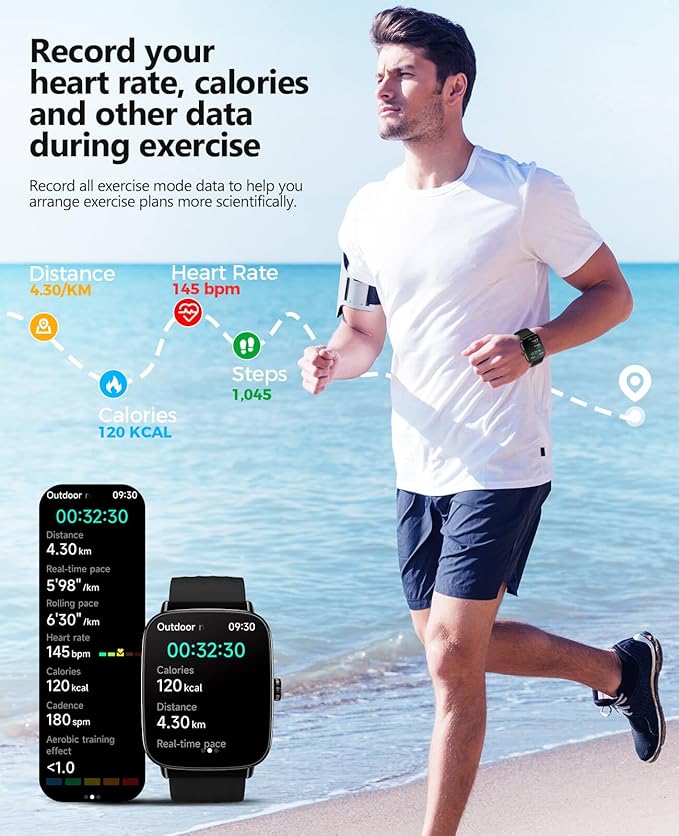 AI Voice-Controlled Smart Watches with 1.85" Screen - IP68 Waterproof, 24/7 Heart Rate Monitoring, Stress/Sleep/SpO2 Tracker, 100+ Sports Modes, Weather, Compatible with Android & iOS, Black