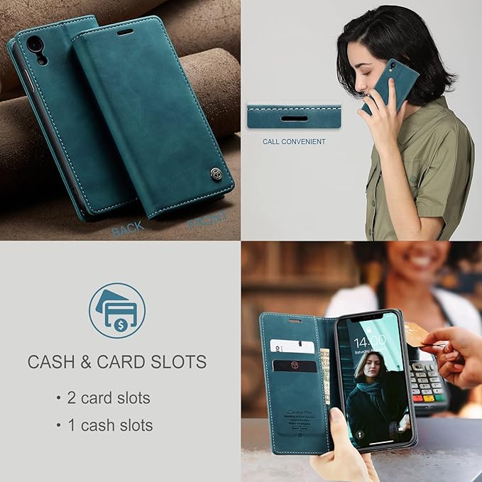 for iPhone XR 6.1-Inch Case, Flip Wallet Leather Case with Card Holder Magnetic Closure Shockproof Kickstand Protective Phone Cases Cover for iPhone XR, Blue-Green