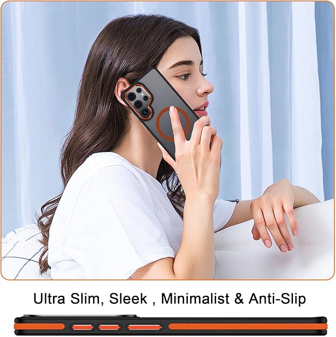 Stand Case for Samsung Galaxy S25 Ultra with 3 Way Adjustable, Shockproof Translucent Phone Case Fits for Magsafe, Hybrid Color Anti-Slip Matte Cover for Galaxy S25 Ultra (Black/Orange)