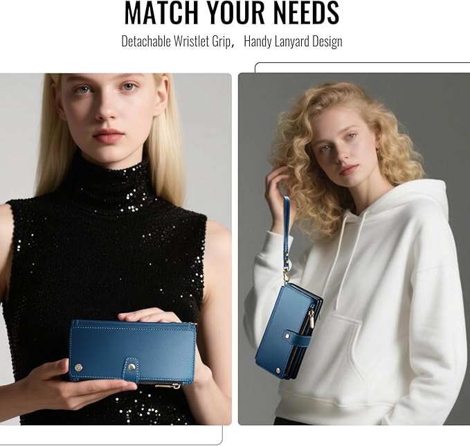 Vinich for Samsung Galaxy Z Fold 7 Wallet Case with Card Holder, Detachable Strap RFID Blocking Credit Slots Kickstand Shockproof Phone Cover for Women Men, Blue