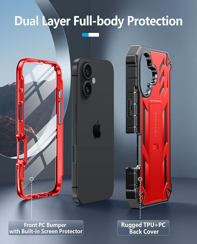 FNTCASE for iPhone 16 Phone Case: for iPhone 16 case with Kickstand Shockproof Military Grade Protective Cover - Dual Layer Full Protection Sturdy Matte Textured Drop Proof - 6.1 Inch Red