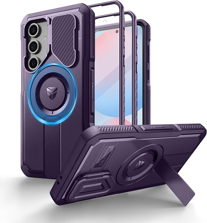 Dexnor for Samsung Galaxy S24 FE Case with Camera Cover & Adjustable Kickstand & Built-in Screen Protector, Magnetic Rugged Shockproof Bumper Cases Heavy-Duty Magnetic Protective Cover,Phantom Purple