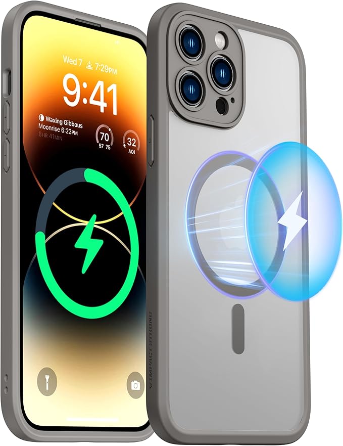 ImpactStrong Magnetic Guard Designed for iPhone 14 Pro Max Case [Camera Protection] [Military Grade Drop Tested] [Compatible with MagSafe] Slim Translucent Matte Phone Case (6.7") - Gray