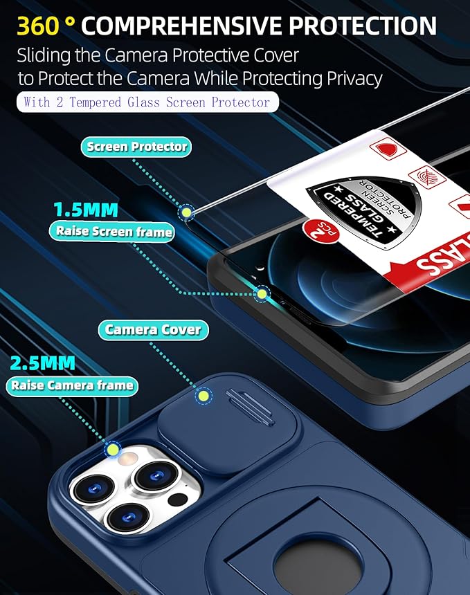 TRRYH for iPhone 12 Case & for iPhone 12Pro Case Magnetic Compatible with MagSafe Wireless Charging with 2 Screen Protectors,with Kickstand & Camera Cover,Military Grade Heavy Duty Protection Blue