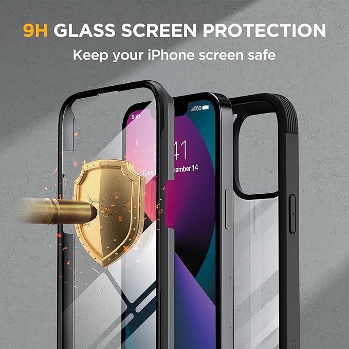 Miracase Compatible with iPhone 13 Mini case 5.4 inch, 2023 Upgrade Full-Body Glass Clear Case Bumper Case with Built-in 9H Tempered Glass Screen Protector for iPhone 13 Mini, Black