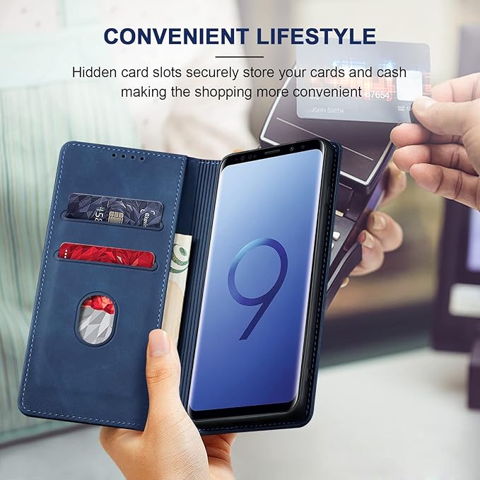 Jasonyu Flip Wallet Case for Samsung Galaxy S9,Leather Magnetic Folio Cover with Card Holder,Kickstand - TPU Shockproof Durable Protective Phone Case,Blue