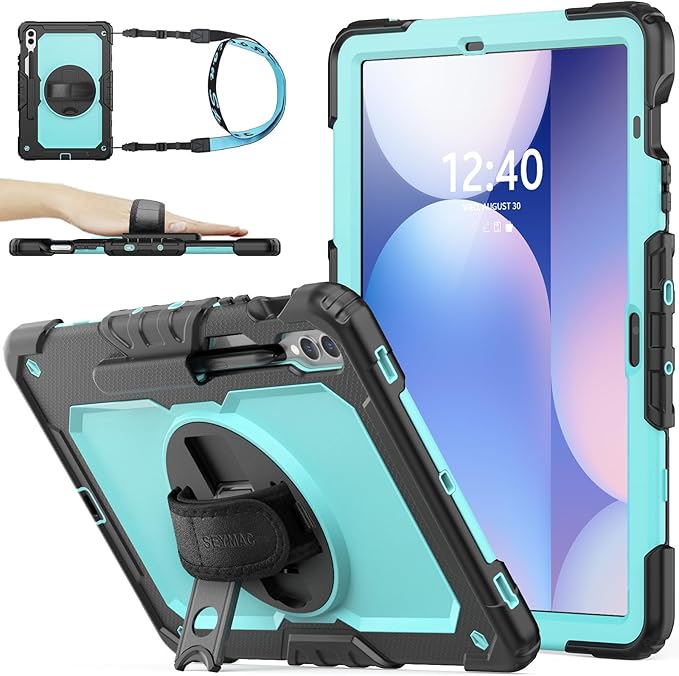 SEYMAC stock Case for Samsung Galaxy Tab S10 Plus/ S9 FE Plus/ S9 Plus 5G Tablet 12.4'' Case with Screen Protector Pencil Holder [360 Rotating Hand Strap] &Stand, Drop-Proof, Skyblue1