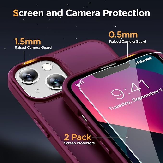 Miracase Magnetic for iPhone 13 Case 6.1 inch (Compatible with MagSafe)（with 2X Screen Protectors） Military-Grade Protection, Anti-Fingerprint Translucent Matte Phone Case Cover, Wine Red