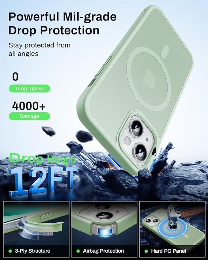 Magnetic for iPhone 13 Case & iPhone 14 Case, Compatible with MagSafe, Military Grade Drop Protection, Slim Shockproof Anti-Fingerprint Translucent Matte Phone Protective Cover, Light Green