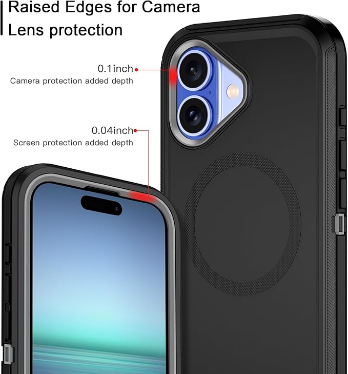 for iPhone 16 Case [Compatible with MagSafe] Shockproof 3-Layer Full Body Protection [Without Screen Protector] Rugged Heavy Duty Cover Case for Apple iPhone 16 6.1",Black/Grey