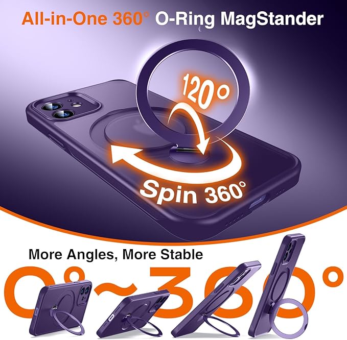 360° O-Ring MagStander for iPhone 12 Case, iPhone 12 Pro Case with Magnetic Stand Ring Holder [Compatible with MagSafe] [Military Shockproof] Kickstand iPhone 12/12 Pro Phone Cover Purple