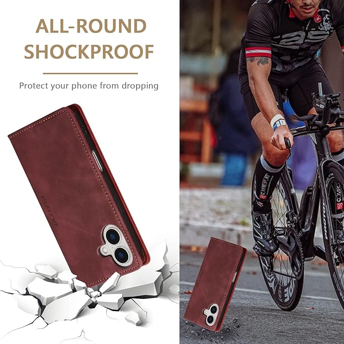 QLTYPRI for iPhone 16 Plus Case Wallet with Card Holder, Vintage PU Leather Kickstand Magnetic Closure Shockproof Folio Book Cover Case for iPhone 16 Plus - Retro Wine Red