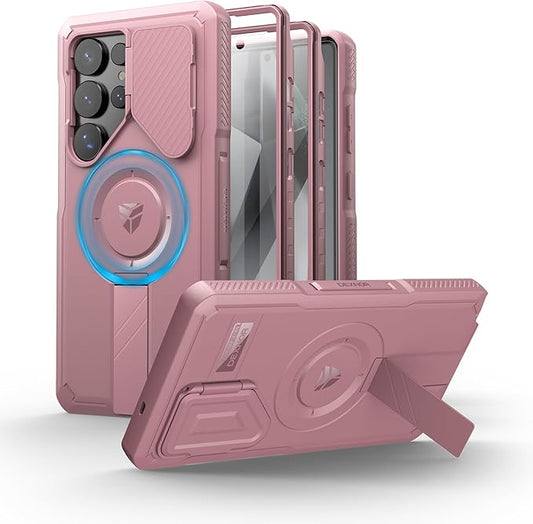 Dexnor for Samsung Galaxy S25 Ultra Case with Camera Cover & Adjustable Kickstand & Built-in Screen Protector, Magnetic Rugged Shockproof Bumper Cases Heavy-Duty Protective Cover (2025),Peony Pink