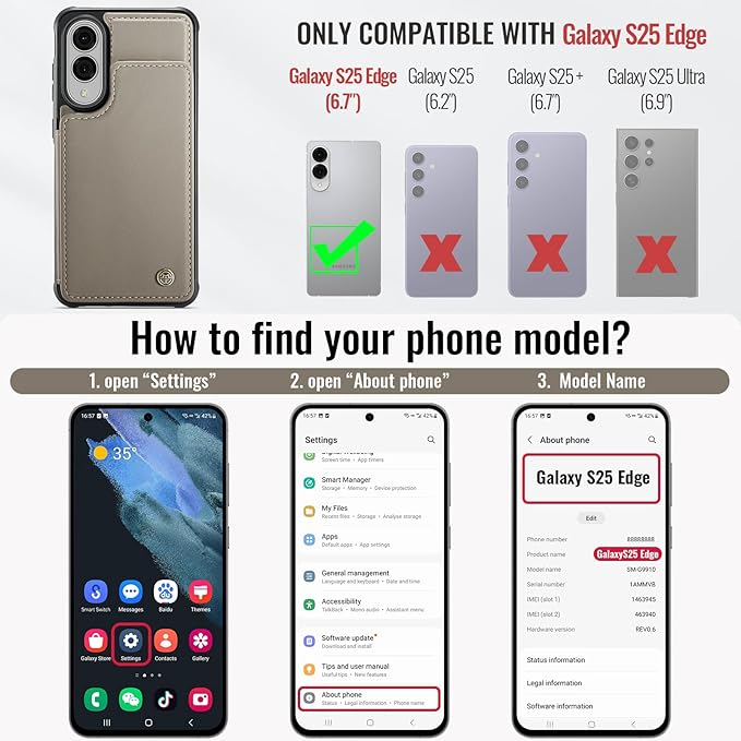 Vinich for Samsung Galaxy S25 Edge Wallet Case with Card Holder, RFID Blocking Credit Slots Kickstand Shockproof Phone Cover for Women Men, Gray