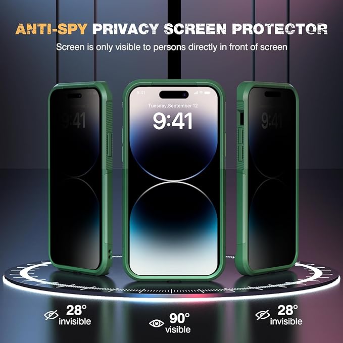 Diaclara Designed for iPhone 14 Pro Max Case, [with Privacy Screen Protector] [Anti Spy] [Military Grade Drop Protection] Heavy Duty Full-Body Shockproof Phone Case, Green