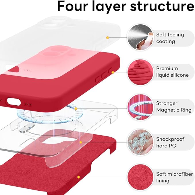 Vooii Magnetic Compatible with iPhone 17 Case (Compatible with Magsafe) (Upgraded Camera Protection) Liquid Silicone Shockproof Full Body Protective Phone Cover for Women Men, Red, 6.3"