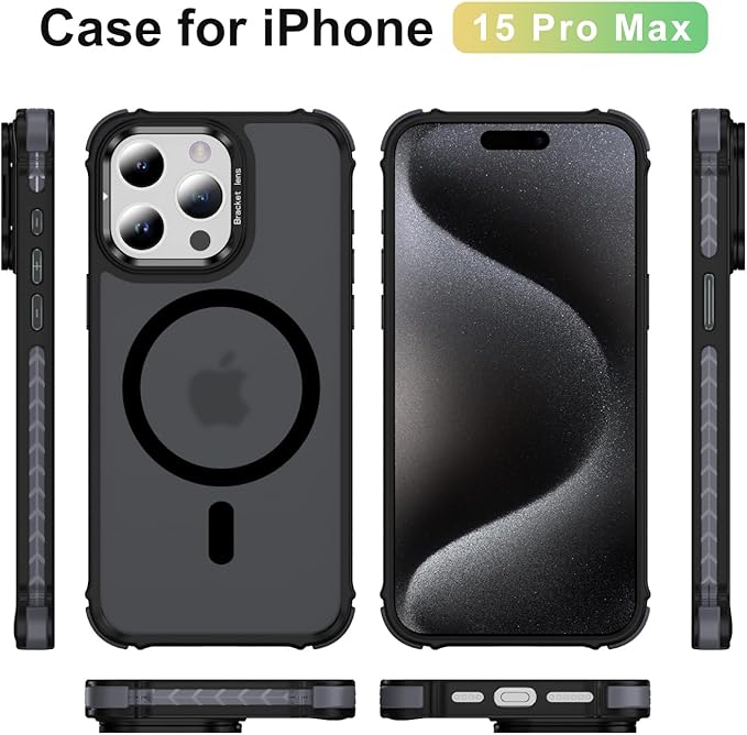 Magnetic for iPhone 15 Pro Max Case Black with MagSafe Wireless Charging Heavy Duty Military-Grade Shockproof Protection Adjustable Kickstand Slim Matte Anti-Fingerprint Cover Men Women