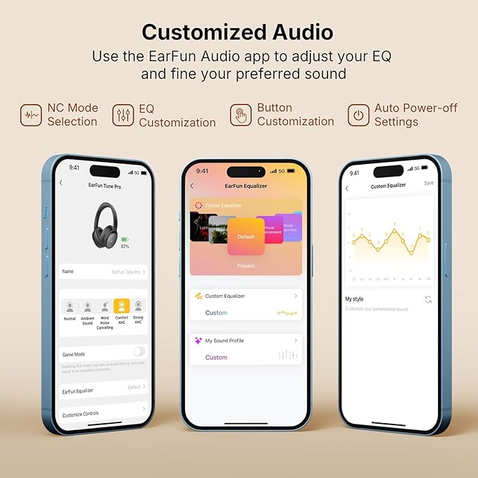 EarFun Tune Pro Active Noise Canceling Headphones, Wireless Bluetooth Headphones with 5 Mics, 120H Playtime, Bluetooth 5.4, Hi-Res Audio, Multipoint Connection, Custom EQ via App, Comfortable Fit