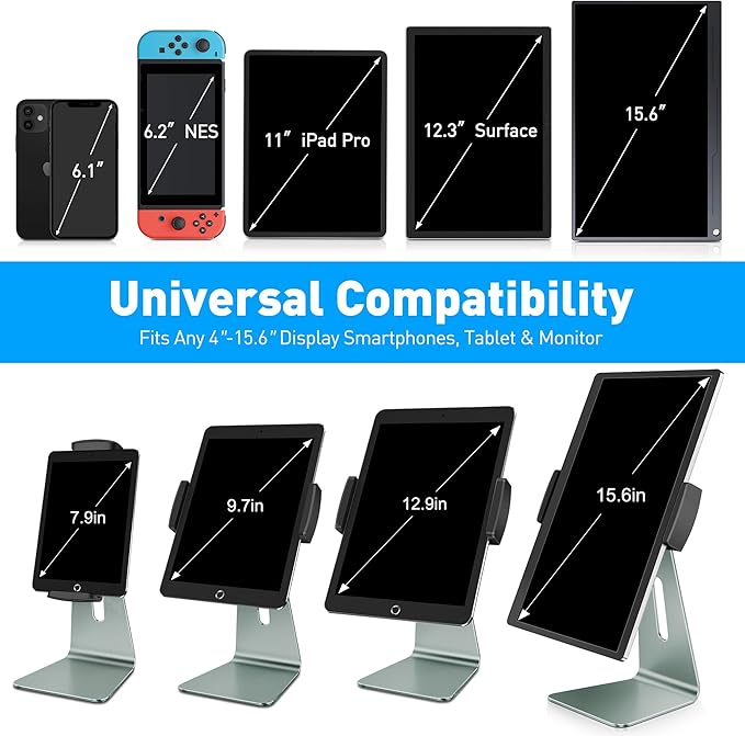 AboveTEK Elegant Tablet Stand, Aluminum Holder for 7-13 inch Tablets, Desktop Kiosk POS Stand Compatible w/iPad Pro Air Mini, Galaxy Tab, Tablet Mount for Store Office Reception Kitchen (Gray)