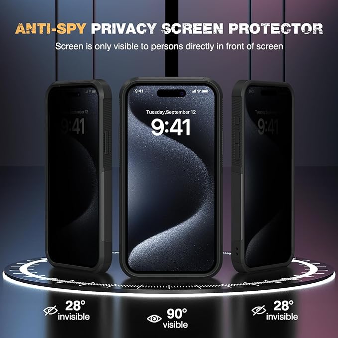 Diaclara Magnetic for iPhone 15 Pro Max Case, [with Privacy Screen Protector] [Anti Spy] [Military Grade Drop Protection] Heavy Duty Full-Body Shockproof Phone Case, Black