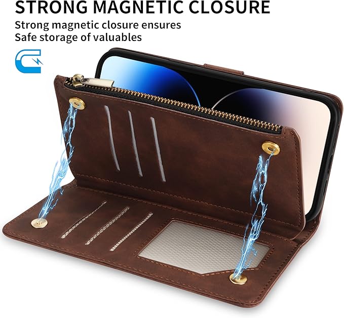 ZZXX for iPhone 14 Pro Case Wallet with [RFID Blocking] Card Slot Premium Soft PU Leather Zipper Flip Folio with Wrist Strap Kickstand Protective Cover for iPhone 14 Pro Wallet Case(Coffee-6.1 inch)