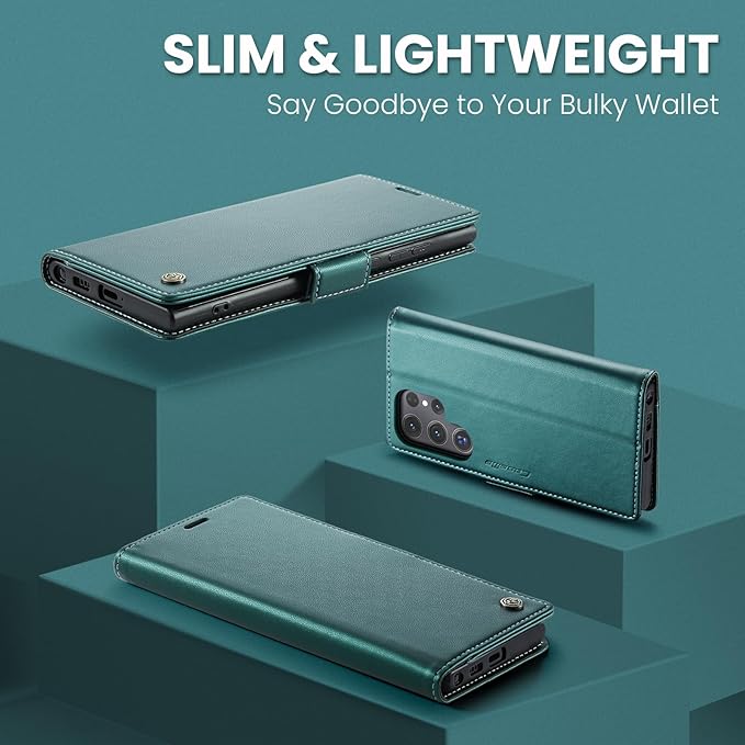 AUPAI for Samsung Galaxy S22 Ultra Wallet Case with Credit Card Holder, PU Leather RFID Blocking Folio Flip Kickstand Magnetic Clasp Protective Phone Cover for Women Men Cyan