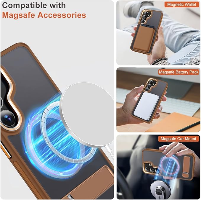 Case for Samsung Galaxy S25, Compatible with Magsafe, [Invisible & Adjustable Stand] for Matte Translucent Cover, Anti-Slip Shockproof Slim Phone Case for Galaxy S25 (Brown)