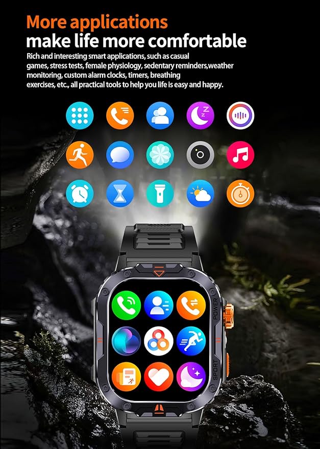 Military Smart Watch for Men (Music Storage), 2.01" Smart Watch for Android and iOS, Fitness Tracker with Flashlight/Connectable TWS Earphones/Health Monitoring/100+ Sports Modes (Orange)