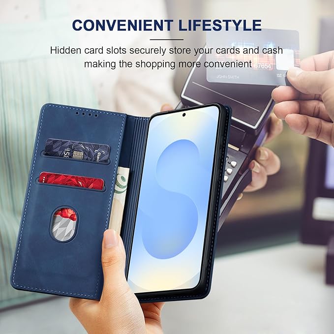 Jasonyu Flip Wallet Case for Samsung Galaxy S25,Leather Magnetic Folio Cover with Card Holder,Kickstand - TPU Shockproof Durable Protective Phone Case,Blue